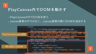 PlayCanvas内でDOMを動かす
- PlayCanvasの中でDOMを使う
- canvas要素の中ではなく、canvas要素の隣にDOMを追加する
PlayCanvasのcanvas要素
隣に追加したDOM
 