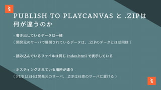 PUBLISH TO PLAYCANVAS と .ZIPは
何が違うのか
- 書き出しているデータは⼀緒
( 開発元のサーバで展開されているデータは、.ZIPのデータとほぼ同様 )
- 読み込んでいるファイルは同じ index.html で表⽰している
- ホスティングされている場所が違う
( PUBLISHは開発元のサーバ、.ZIPは任意のサーバに置ける )
 
