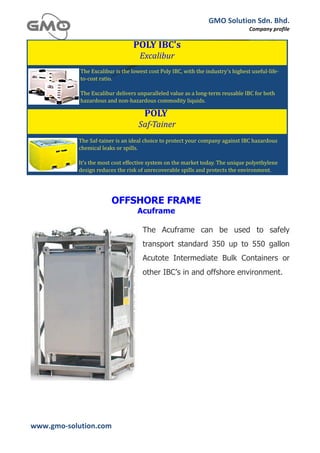 GMO	
  Solution	
  Sdn.	
  Bhd.	
  
                                                                        Company	
  profile	
  
	
  




                         OFFSHORE FRAME
                                    Acuframe

                                     The Acuframe can be used to safely
                                     transport standard 350 up to 550 gallon
                                     Acutote Intermediate Bulk Containers or
                                     other IBC’s in and offshore environment.




                                         	
  
www.gmo-­‐solution.com	
     	
  
	
  
 