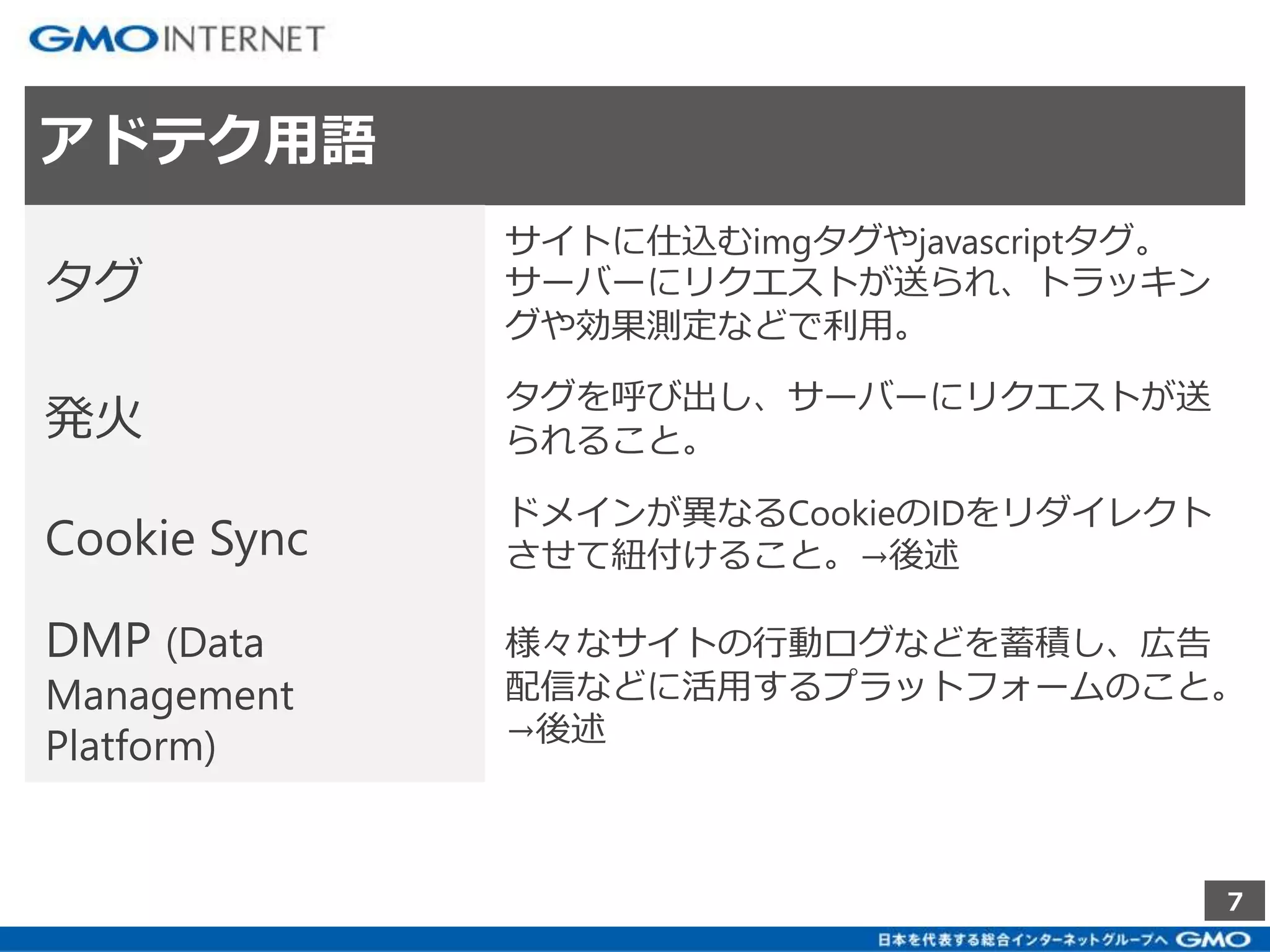 7 
アドテク用語 
タグ 
サイトに仕込むimgタグやjavascriptタグ。 
サーバーにリクエストが送られ、トラッキン 
グや効果測定などで利用。 
発火タグを呼び出し、サーバーにリクエストが送 
られること。 
Cookie Sync 
ドメインが異なるCookieのIDをリダイレクト 
させて紐付けること。→後述 
DMP (Data 
Management 
Platform) 
様々なサイトの行動ログなどを蓄積し、広告 
配信などに活用するプラットフォームのこと。 
→後述 
 