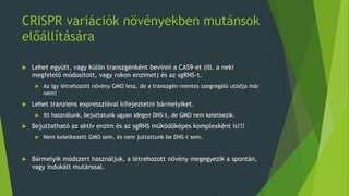 CRISPR variációk növényekben mutánsok
előállítására
 Lehet együtt, vagy külön transzgénként bevinni a CAS9-et (ill. a neki
megfelelő módosított, vagy rokon enzimet) és az sgRNS-t.
 Az így létrehozott növény GMO lesz, de a transzgén-mentes szegregáló utódja már
nem!
 Lehet tranziens expresszióval kifejeztetni bármelyiket.
 Itt használunk, bejuttatunk ugyan idegen DNS-t, de GMO nem keletkezik.
 Bejuttatható az aktív enzim és az sgRNS működőképes komplexként is!!!
 Nem keletkezett GMO sem, és nem juttattunk be DNS-t sem.
 Bármelyik módszert használjuk, a létrehozott növény megegyezik a spontán,
vagy indukált mutánssal.
 