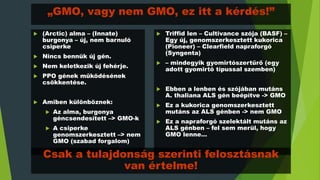 „GMO, vagy nem GMO, ez itt a kérdés!”
 Triffid len – Cultivance szója (BASF) –
Egy új, genomszerkesztett kukorica
(Pioneer) – Clearfield napraforgó
(Syngenta)
 – mindegyik gyomirtószertűrő (egy
adott gyomirtó típussal szemben)
 Ebben a lenben és szójában mutáns
A. thaliana ALS gén beépítve -> GMO
 Ez a kukorica genomszerkesztett
mutáns az ALS génben -> nem GMO
 Ez a napraforgó szelektált mutáns az
ALS génben – fel sem merül, hogy
GMO lenne…
 (Arctic) alma – (Innate)
burgonya – új, nem barnuló
csiperke
 Nincs bennük új gén.
 Nem keletkezik új fehérje.
 PPO gének működésének
csökkentése.
 Amiben különböznek:
 Az alma, burgonya
géncsendesített –> GMO-k
 A csiperke
genomszerkesztett –> nem
GMO (szabad forgalom)
Csak a tulajdonság szerinti felosztásnak
van értelme!
 