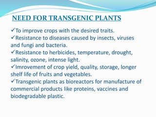 NEED FOR TRANSGENIC PLANTS
To improve crops with the desired traits.
Resistance to diseases caused by insects, viruses
and fungi and bacteria.
Resistance to herbicides, temperature, drought,
salinity, ozone, intense light.
Imrovement of crop yield, quality, storage, longer
shelf life of fruits and vegetables.
Transgenic plants as bioreactors for manufacture of
commercial products like proteins, vaccines and
biodegradable plastic.
 