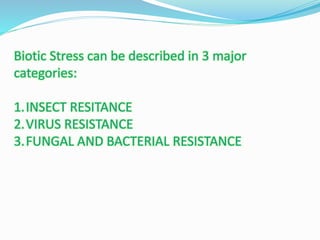 Biotic Stress can be described in 3 major
categories:
1.INSECT RESITANCE
2.VIRUS RESISTANCE
3.FUNGAL AND BACTERIAL RESISTANCE
 