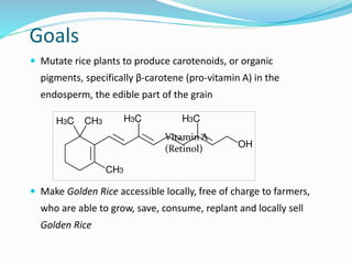 Goals
 Mutate rice plants to produce carotenoids, or organic
pigments, specifically β-carotene (pro-vitamin A) in the
endosperm, the edible part of the grain
 Make Golden Rice accessible locally, free of charge to farmers,
who are able to grow, save, consume, replant and locally sell
Golden Rice
Vitamin A
(Retinol)
 