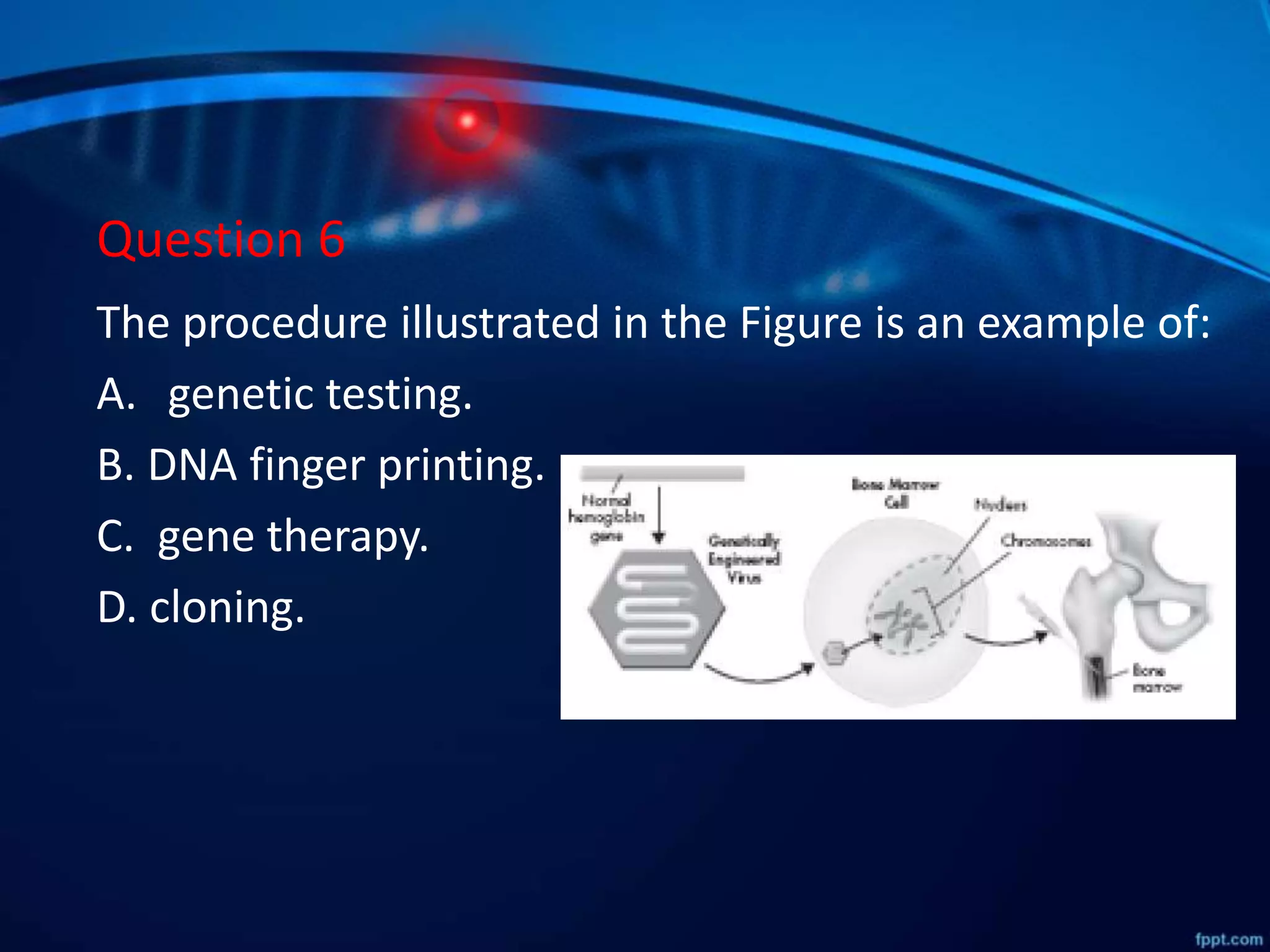 Question 6
The procedure illustrated in the Figure is an example of:
A. genetic testing.
B. DNA finger printing.
C. gene therapy.
D. cloning.
 