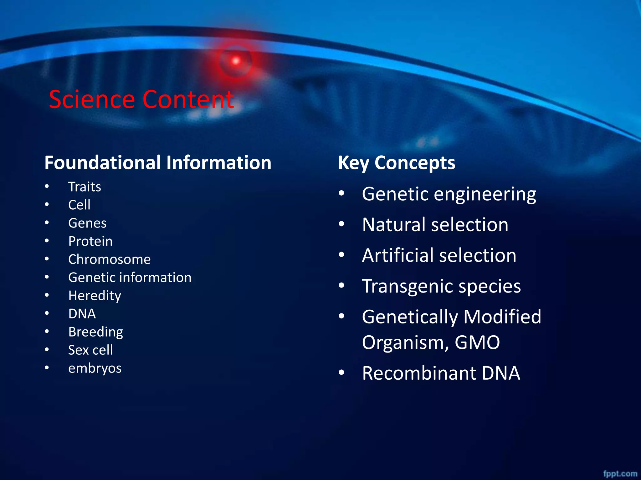 Science Content
• Traits
• Cell
• Genes
• Protein
• Chromosome
• Genetic information
• Heredity
• DNA
• Breeding
• Sex cell
• embryos
• Genetic engineering
• Natural selection
• Artificial selection
• Transgenic species
• Genetically Modified
Organism, GMO
• Recombinant DNA
Foundational Information Key Concepts
 