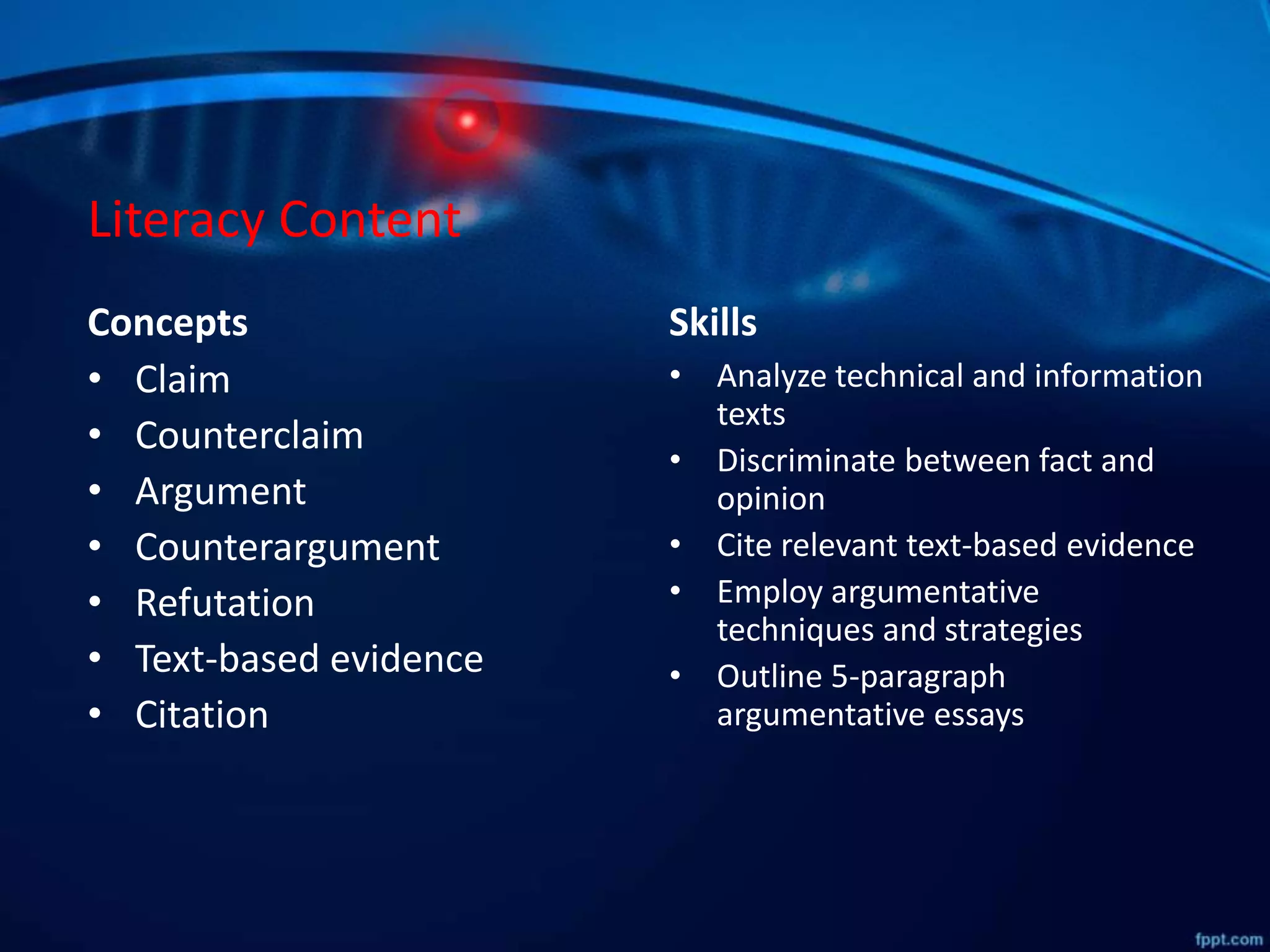 Literacy Content
Concepts
• Claim
• Counterclaim
• Argument
• Counterargument
• Refutation
• Text-based evidence
• Citation
Skills
• Analyze technical and information
texts
• Discriminate between fact and
opinion
• Cite relevant text-based evidence
• Employ argumentative
techniques and strategies
• Outline 5-paragraph
argumentative essays
 