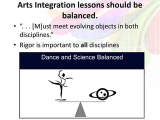 Arts Integration lessons should be
balanced.
• “. . . [M]ust meet evolving objects in both
disciplines.”
• Rigor is important to all disciplines
Dance and Science Balanced
 