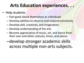 Arts Education experiences. . .
• Help students
– Feel good about themselves as individuals
– Develop abilities to observe and respond sensitively
– Develop skill, creativity, and imagination
– Develop understanding of the arts
– Become appreciative of music, art, and dance from
their own and other cultures, times, and places.
–develop stronger academic skills
across multiple non-arts subjects.
 
