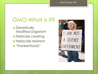 GMO-What is it?
 Genetically
Modified Organism
 Pesticide creating
 Herbicide resistant
 “Frankenfoods”
GMO Free WV
 