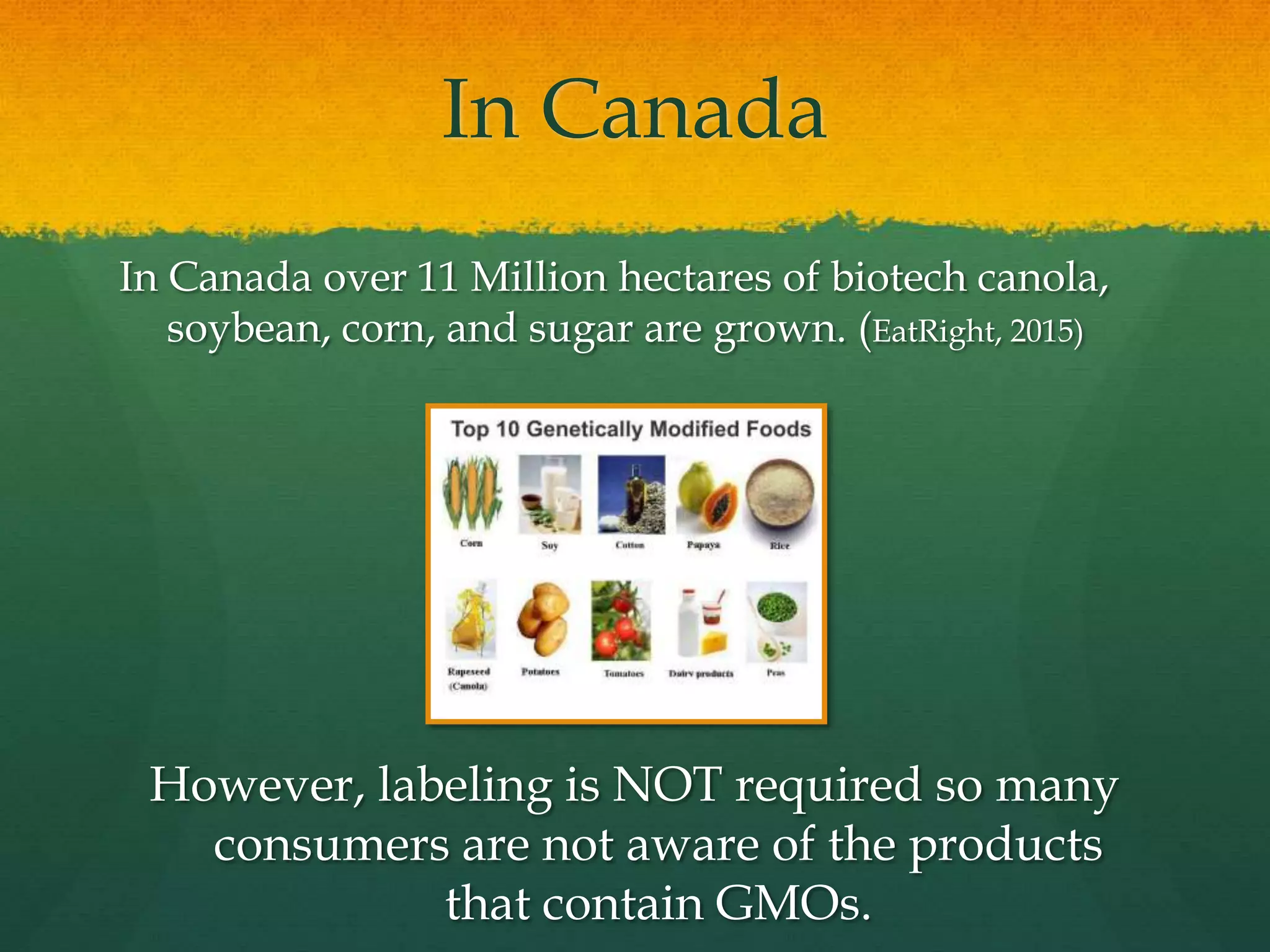 In Canada
In Canada over 11 Million hectares of biotech canola,
soybean, corn, and sugar are grown. (EatRight, 2015)
However, labeling is NOT required so many
consumers are not aware of the products
that contain GMOs.
 