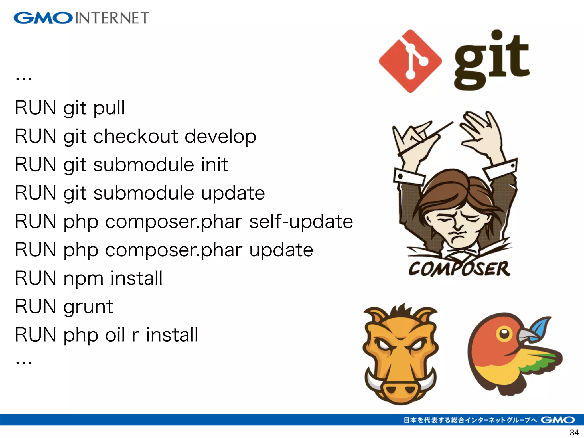 37 
… 
RUN git pull 
RUN git checkout develop 
RUN git submodule init 
RUN git submodule update 
RUN php composer.phar self-update 
RUN php composer.phar update 
RUN npm install 
RUN grunt 
RUN php oil r install 
… 
 
