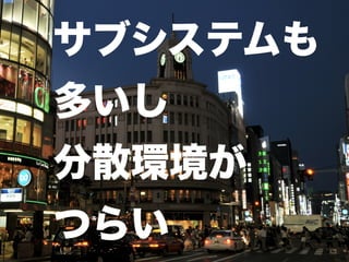 45 
サブシステムも 
多いし 
分散環境が 
つらい 
 