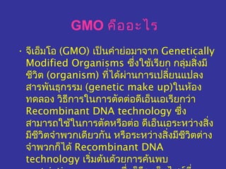 • จีเอ็มโอ (GMO) เป็นคำำย่อมำจำก Genetically
Modified Organisms ซึ่งใช้เรียก กลุ่มสิ่งมี
ชีวิต (organism) ที่ได้ผ่ำนกำรเปลี่ยนแปลง
สำรพันธุกรรม (genetic make up)ในห้อง
ทดลอง วิธีกำรในกำรตัดต่อดีเอ็นเอเรียกว่ำ
Recombinant DNA technology ซึ่ง
สำมำรถใช้ในกำรตัดหรือต่อ ดีเอ็นเอระหว่ำงสิ่ง
มีชีวิตจำำพวกเดียวกัน หรือระหว่ำงสิ่งมีชีวิตต่ำง
จำำพวกก็ได้ Recombinant DNA
technology เริ่มต้นด้วยกำรค้นพบ
GMO คืออะไร
 
