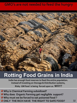 India has enough food reserves to feed the entire population.
Instead of investing on Storage & Distribution systems,
Risky GM food is being forced upon us. WHY?
Rotting Food Grains in India
20
Why is Chemical Farming subsidized?
Why does Organic Farming get negligible support?
Why must we be forced to eat poisoned food ?
ONLY THE RICH HAVE THE RIGHT TO SAFE FOOD? 32
 