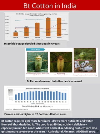 Insecticide usage doubled since 2002 in 9 years.
Bt Cotton in India
Bt cotton requires 15% more fertilizers , draws more nutrients and water
from soil thus depleting it. The crop is exhibiting nutrient deficiency
especially in rain-fed zones where wilt and leaf-reddening problems are also
getting more severe over the years.- Agricultural Almanac, ANGRAU 2009 .
Bollworm decreased but other pests increased
Farmer suicides higher in BT Cotton cultivated areas
35
 