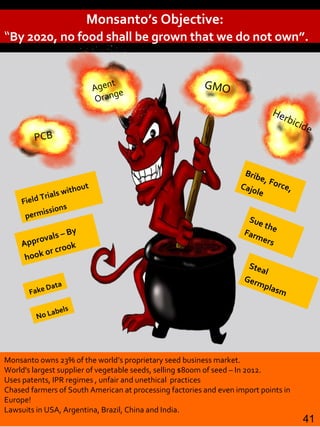 Bribe, Force,Cajole
Sue theFarmersApprovals – By
hook or crook
Fake Data
Field Trials without
permissions
Steal
Germplasm
GMO
Herbicide
Agent
Orange
PCB
Monsanto owns 23% of the world’s proprietary seed business market.
World's largest supplier of vegetable seeds, selling $800m of seed – In 2012.
Uses patents, IPR regimes , unfair and unethical practices
Chased farmers of South American at processing factories and even import points in
Europe!
Lawsuits in USA, Argentina, Brazil, China and India.
Monsanto’s Objective:
“By 2020, no food shall be grown that we do not own”.
No Labels
41
 