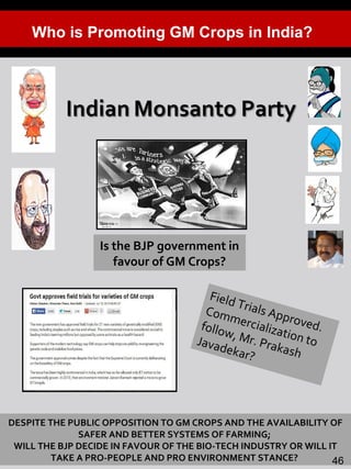 23
Is the BJP government in
favour of GM Crops?
Field Trials Approved.
Commercialization to
follow, Mr. Prakash
Javadekar?
Who is Promoting GM Crops in India?
DESPITE THE PUBLIC OPPOSITION TO GM CROPS AND THE AVAILABILITY OF
SAFER AND BETTER SYSTEMS OF FARMING;
WILL THE BJP DECIDE IN FAVOUR OF THE BIO-TECH INDUSTRY OR WILL IT
TAKE A PRO-PEOPLE AND PRO ENVIRONMENT STANCE? 46
 