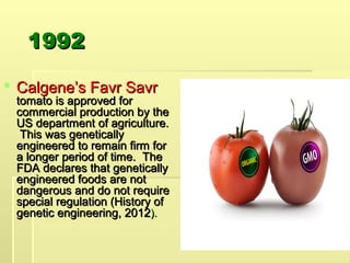 1992
1992
 Calgene’s Favr Savr
Calgene’s Favr Savr
tomato is approved for
tomato is approved for
commercial production by the
commercial production by the
US department of agriculture.
US department of agriculture.
This was genetically
This was genetically
engineered to remain firm for
engineered to remain firm for
a longer period of time. The
a longer period of time. The
FDA declares that genetically
FDA declares that genetically
engineered foods are not
engineered foods are not
dangerous and do not require
dangerous and do not require
special regulation (History of
special regulation (History of
genetic engineering, 2012
genetic engineering, 2012).
).
 