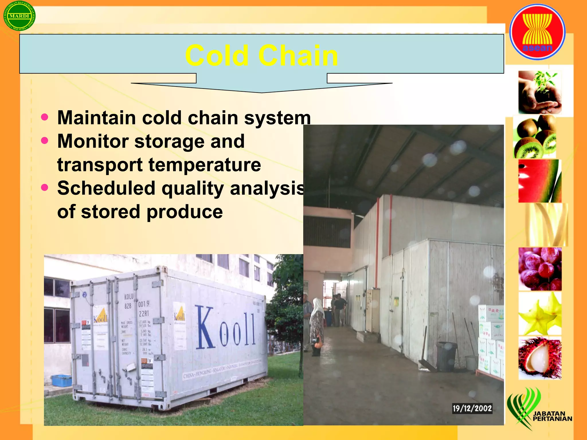 Maintain cold chain system  Monitor storage and transport temperature  Scheduled quality analysis of stored produce Cold Chain 