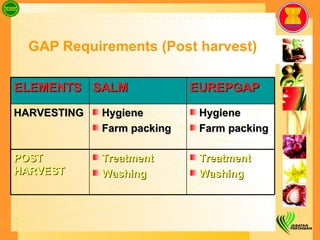 GAP Requirements (Post harvest) ELEMENTS SALM EUREPGAP HARVESTING Hygiene Farm packing Hygiene Farm packing POST HARVEST Treatment Washing  Treatment Washing  