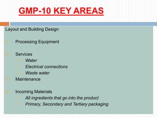 GMP-10 KEY AREAS
Layout and Building Design
1. Processing Equipment
2. Services
• Water
• Electrical connections
• Waste water
3. Maintenance
4. Incoming Materials
• All ingredients that go into the product
• Primary, Secondary and Tertiary packaging
 