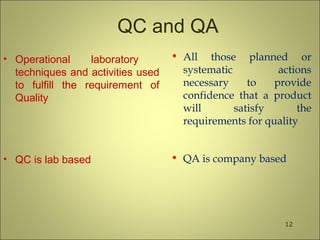 QC and QA
• Operational laboratory
techniques and activities used
to fulfill the requirement of
Quality
• QC is lab based
• All those planned or
systematic actions
necessary to provide
confidence that a product
will satisfy the
requirements for quality
• QA is company based
12
 