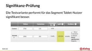 Seite 62
Signiﬁkanz-Prüfung
Die Testvariante performt für das Segment Tablet-Nutzer
signiﬁkant besser.
 