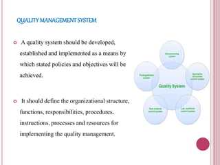 QUALITYMANAGEMENTSYSTEM
 A quality system should be developed,
established and implemented as a means by
which stated policies and objectives will be
achieved.
 It should define the organizational structure,
functions, responsibilities, procedures,
instructions, processes and resources for
implementing the quality management.
 