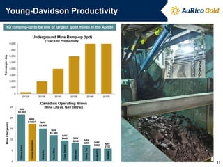 Young-Davidson Productivity
YD ramping-up to be one of largest gold mines in the Abitibi
Underground Mine Ramp-up (tpd)
(Year-End Productivity)

8,000

Tonnes per day

7,000
6,000
5,000
4,000
3,000
2,000
1,000
0
2012A

2013E

2014E

2015E

2016E

2017E

Canadian Operating Mines
25

(Mine Life vs. NAV (000‘s))

NAV
$3,302
NAV
$1,084

NAV
$2,488

15

NAV
$1,582

NAV
$282

NAV
$132
Seabee

NAV
$289
Black Fox

Macassa

Casa Berardi

New Afton

NAV
$249

Tim/Bell Ck

0

Malartic

5

Young-Davidson

NAV
$440

10
Detour Lake

Mine Life (years)

20

11

 