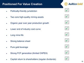 Positioned For Value Creation
►

Politically-friendly jurisdiction



►

Two core high-quality mining assets



►

Organic year over year production growth



►

Lower end of industry cost curve



►

Long mine life



►

Strong balance sheet



►

Pure gold leverage



►

Strong FCF generation (limited CAPEX)



►

Capital return to shareholders (regular dividends)


18

 