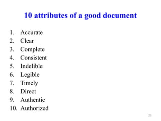 10 attributes of a good document
1. Accurate
2. Clear
3. Complete
4. Consistent
5. Indelible
6. Legible
7. Timely
8. Direct
9. Authentic
10. Authorized
23
 
