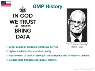 Access 2 Perspectives 2017
W. Edwards Deming

(1900-1993)1. Better design of products to improve service
2. Higher level of uniform product quality
3. Improvement of product testing in the workplace and in research centers
4. Greater sales through side [global] markets
GMP History
 