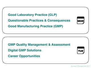 Access 2 Perspectives 2017
Good Laboratory Practice (GLP)
Questionable Practices & Consequences
Good Manufacturing Practic...