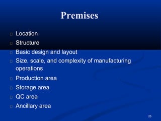 Premises
25
Location
Structure
Basic design and layout
Size, scale, and complexity of manufacturing
operations
Production area
Storage area
QC area
Ancillary area
 
