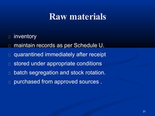 Raw materials
31
inventory
maintain records as per Schedule U.
quarantined immediately after receipt
stored under appropriate conditions
batch segregation and stock rotation.
purchased from approved sources .
 