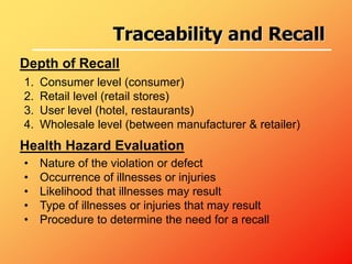 1. Consumer level (consumer)
2. Retail level (retail stores)
3. User level (hotel, restaurants)
4. Wholesale level (between manufacturer & retailer)
Depth of Recall
Health Hazard Evaluation
• Nature of the violation or defect
• Occurrence of illnesses or injuries
• Likelihood that illnesses may result
• Type of illnesses or injuries that may result
• Procedure to determine the need for a recall
Traceability and Recall
 