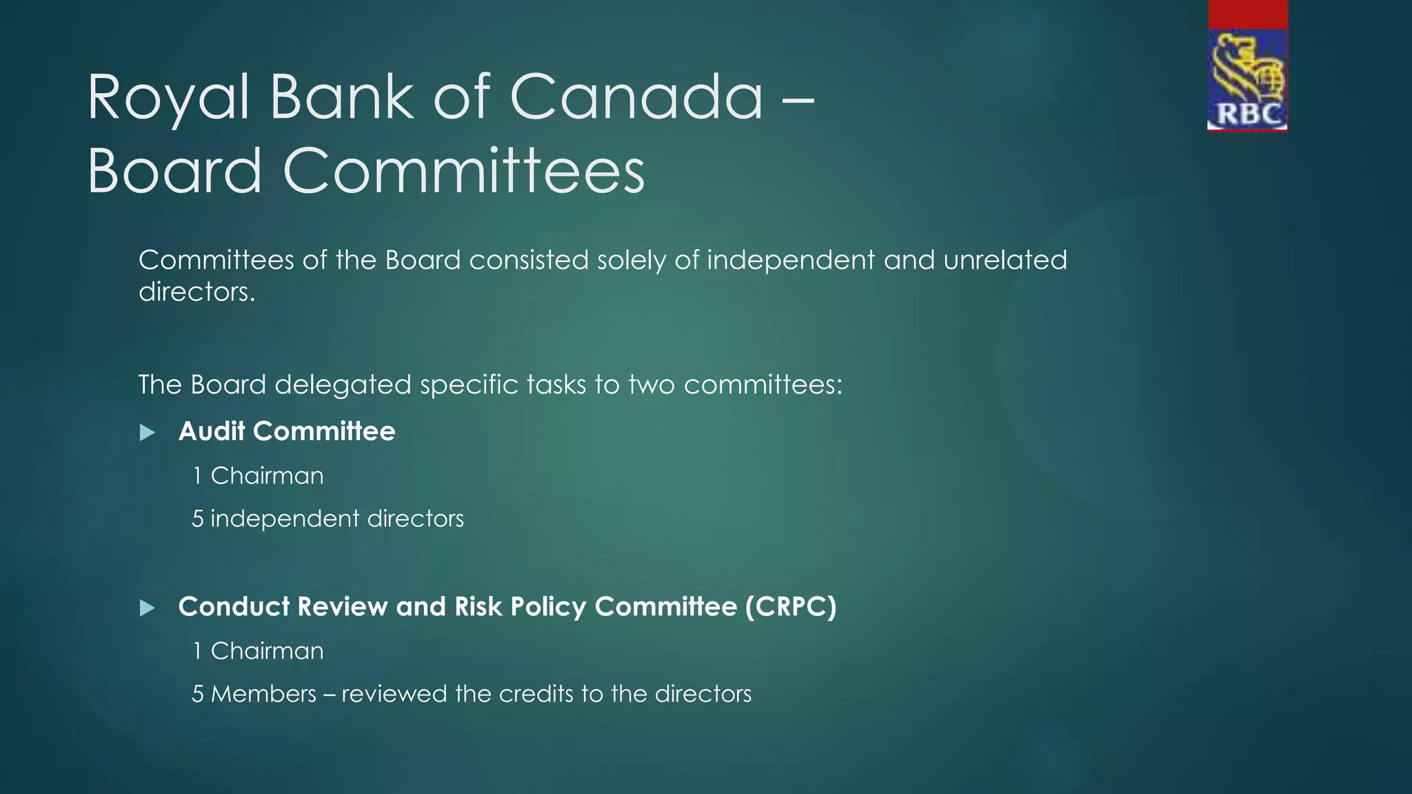 Royal Bank of Canada –
Board Committees
Committees of the Board consisted solely of independent and unrelated
directors.
The Board delegated specific tasks to two committees:
 Audit Committee
1 Chairman
5 independent directors
 Conduct Review and Risk Policy Committee (CRPC)
1 Chairman
5 Members – reviewed the credits to the directors
 