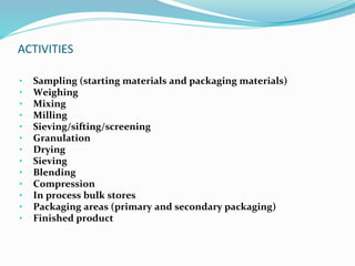 ACTIVITIES
• Sampling (starting materials and packaging materials)
• Weighing
• Mixing
• Milling
• Sieving/sifting/screening
• Granulation
• Drying
• Sieving
• Blending
• Compression
• In process bulk stores
• Packaging areas (primary and secondary packaging)
• Finished product
 