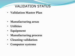 VALIDATION STATUS
• Validation Master Plan
• Manufacturing areas
• Utilities
• Equipment
• Manufacturing process
• Cleaning validation
• Computer systems
 