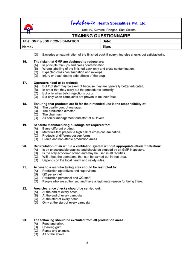 Gmp & c gmp considerations training questionary PDF