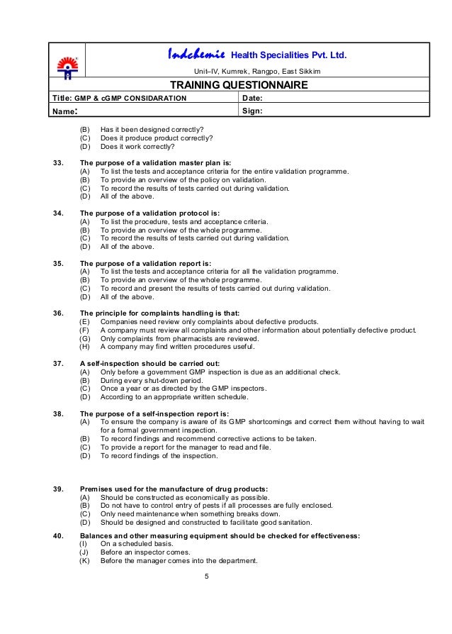 Gmp & c gmp considerations training questionary