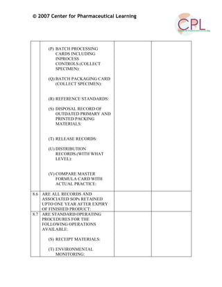 © 2007 Center for Pharmaceutical Learning
(P) BATCH PROCESSING
CARDS INCLUDING
INPROCESS
CONTROLS.(COLLECT
SPECIMEN):
(Q) BATCH PACKAGING CARD
(COLLECT SPECIMEN):
(R) REFERENCE STANDARDS:
(S) DISPOSAL RECORD OF
OUTDATED PRIMARY AND
PRINTED PACKING
MATERIALS:
(T) RELEASE RECORDS:
(U) DISTRIBUTION
RECORDS.(WITH WHAT
LEVEL):
(V) COMPARE MASTER
FORMULA CARD WITH
ACTUAL PRACTICE:
8.6 ARE ALL RECORDS AND
ASSOCIATED SOPs RETAINED
UPTO ONE YEAR AFTER EXPIRY
OF FINISHED PRODUCT:
8.7 ARE STANDARD OPERATING
PROCEDURES FOR THE
FOLLOWING OPERATIONS
AVAILABLE:
(S) RECEIPT MATERIALS:
(T) ENVIRONMENTAL
MONITORING:
 