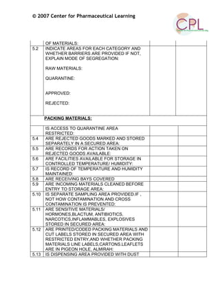 © 2007 Center for Pharmaceutical Learning
OF MATERIALS:
5.2 INDICATE AREAS FOR EACH CATEGORY AND
WHETHER BARRIERS ARE PROVIDED IF NOT,
EXPLAIN MODE OF SEGREGATION:
RAW MATERIALS:
QUARANTINE:
APPROVED:
REJECTED:
PACKING MATERIALS:
IS ACCESS TO QUARANTINE AREA
RESTRICTED:
5.4 ARE REJECTED GOODS MARKED AND STORED
SEPARATELY IN A SECURED AREA:
5.5 ARE RECORDS FOR ACTION TAKEN ON
REJECTED GOODS AVAILABLE:
5.6 ARE FACILITIES AVAILABLE FOR STORAGE IN
CONTROLLED TEMPERATURE/ HUMIDITY:
5.7 IS RECORD OF TEMPERATURE AND HUMIDITY
MAINTAINED:
5.8 ARE RECEIVING BAYS COVERED
5.9 ARE INCOMING MATERIALS CLEANED BEFORE
ENTRY TO STORAGE AREA:
5.10 IS SEPARATE SAMPLING AREA PROVIDED.IF ,
NOT HOW CONTAMINATION AND CROSS
CONTAMINATION IS PREVENTED:
5.11 ARE SENSITIVE MATERIALS/
HORMONES,BLACTUM, ANTIBIOTICS,
NARCOTICS,INFLAMMABLES, EXPLOSIVES
STORED IN SECURED AREA:
5.12 ARE PRINTED/CODED PACKING MATERIALS AND
CUT LABELS STORED IN SECURED AREA WITH
RESTRICTED ENTRY,AND WHETHER PACKING
MATERIALS LINE LABELS,CARTONS.LEAFLETS
ARE IN PIGEON HOLE, ALMIRAH:
5.13 IS DISPENSING AREA PROVIDED WITH DUST
 