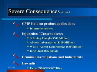 Severe ConsequencesSevere Consequences (cont.)(cont.)
GMP Hold on product applicationsGMP Hold on product applications
 I...