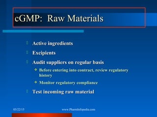 cGMP: Raw MaterialscGMP: Raw Materials
 Active ingredientsActive ingredients
 ExcipientsExcipients
 Audit suppliers on ...