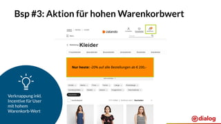 Seite 35
Bsp #3: Aktion für hohen Warenkorbwert
Verknappung inkl.
Incentive für User
mit hohem
Warenkorb-Wert
Nur heute: -20% auf alle Bestellungen ab € 200,-
 