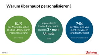 Seite 33
Warum überhaupt personalisieren?
74%
der User sind von
nicht relevanten
Inhalten frustriert
(Janrain & Harris Interactive)
segmentierte
Online Experiences
erzielen 3 x mehr
Umsatz
(Qubit)
81 %
der Marketer sehen
positive Effekte durch
Personalisierung
(DemandGen)
 