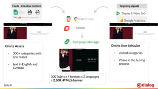 Seite 8
Feeds - Creative content Targeting signals
Studio
Campaign Manager
Onsite Assets
- 300+ categories with
one teaser
- text in English and
German
Onsite User behavior
- visited categories
- Phase in the buying
process
300 Sujets x 4 formats x 2 languages
= 2.500 HTML5-banner
Merchant Centre Feeds
 